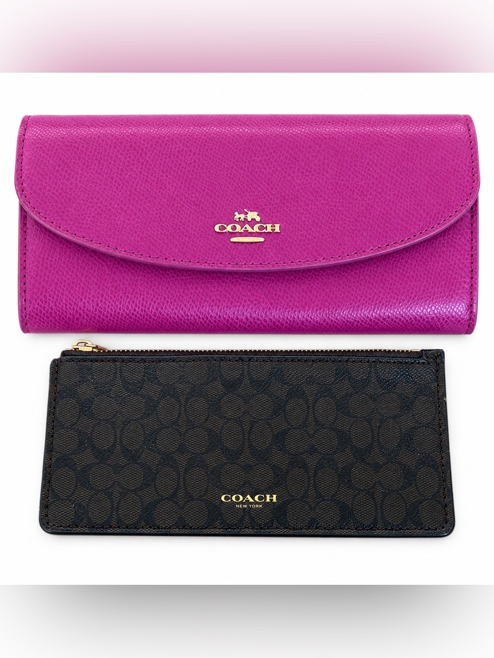 Coach Fuchsia Continental Wallet with Brown Signature Zip Pouch